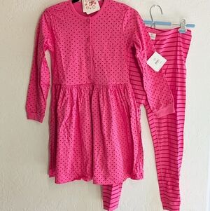 NWT Hanna Andersson Outfit Polka Dot Dress/Striped Leggings/Socks Pink Red 140 L